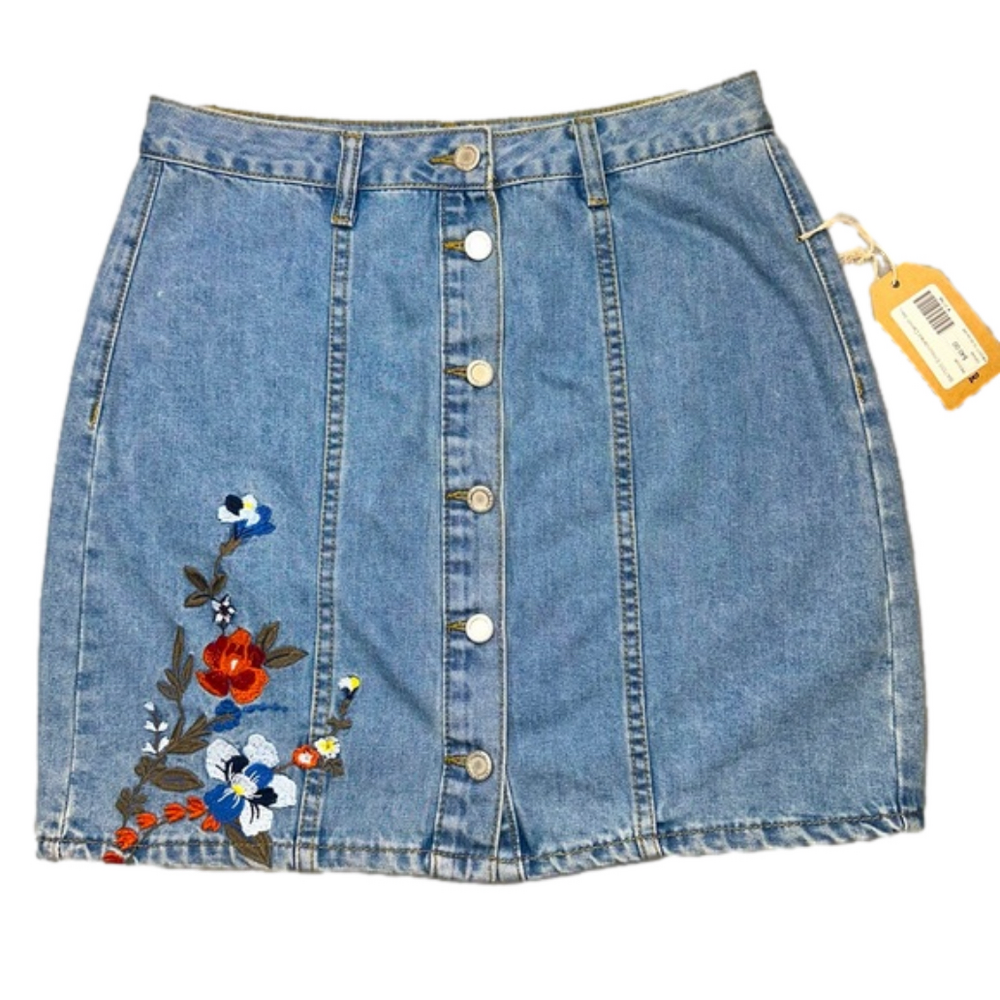 BLU PEPPER DENIM Womens size medium button up embroidered blue Jean mini skirt